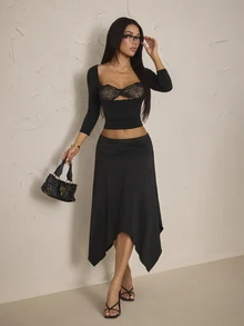 SHEIN PETITE Stylish Black Ruched Asymmetric Hem Skirt For Petite Women – Ideal For Commuting - Black - View 6