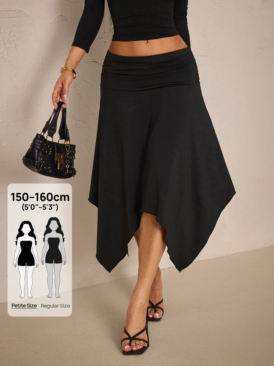 SHEIN PETITE Stylish Black Ruched Asymmetric Hem Skirt For Petite Women – Ideal For Commuting - Black - View 1