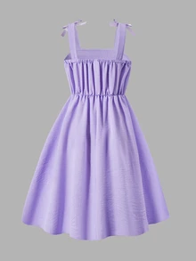 SHEIN 1pc Girls' Elegant Woven Solid Color Pleated Camisole Dress, Bowknot Decor, Suitable For Casual Daily Wear In Spring/Summer - Mauve Purple - View 7