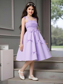 SHEIN 1pc Girls' Elegant Woven Solid Color Pleated Camisole Dress, Bowknot Decor, Suitable For Casual Daily Wear In Spring/Summer - Mauve Purple - View 1