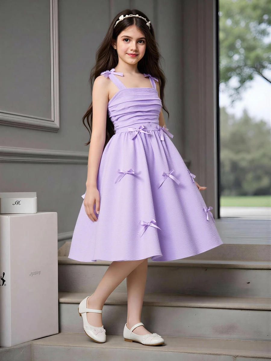 SHEIN 1pc Girls' Elegant Woven Solid Color Pleated Camisole Dress, Bowknot Decor, Suitable For Casual Daily Wear In Spring/Summer - Mauve Purple - View 1