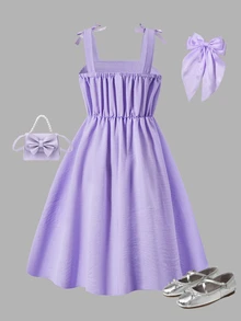 SHEIN 1pc Girls' Elegant Woven Solid Color Pleated Camisole Dress, Bowknot Decor, Suitable For Casual Daily Wear In Spring/Summer - Mauve Purple - View 2