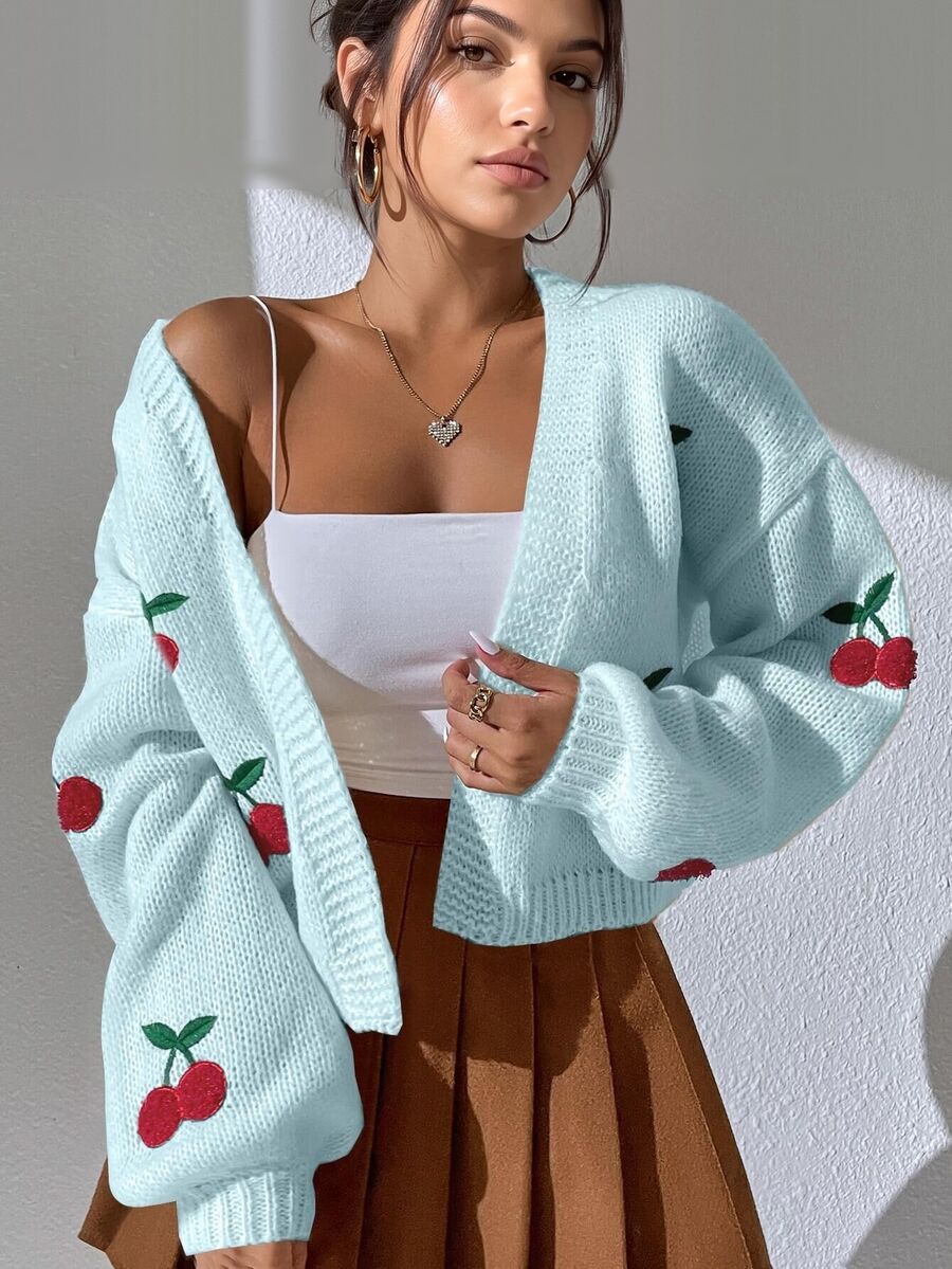 Autumina Cárdigan casual y lindo con estampado de cerezas para mujer, versátil para uso diario y escolar, azul claro, otoño