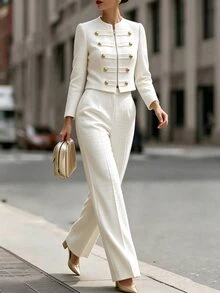 SHEIN طقم نسائي كاجوال يومي بلون موحد، توب بأكمام طويلة وبنطلون - لون مشمشي - مشاهدة 9