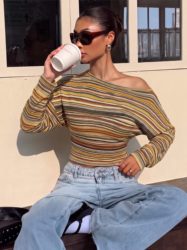 Muchica Women's Navy Blue & Yellow Striped T-Shirt, Summer Casual Daily Batwing Sleeve Asymmetric Collar Top, Vintage Collegiate Style Horse Print Streetwear - Multicolor - View 3