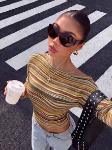 Muchica 女款海軍藍與黃色條紋T恤，夏季休閒日常蝙蝠袖不對稱領上衣，復古學院風馬匹印花街頭風 - 彩色 - 查看 6