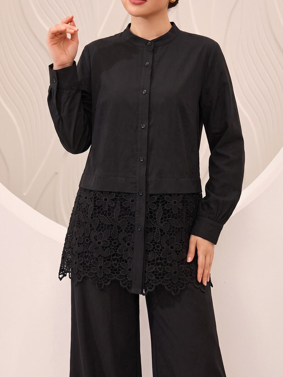 Graceveil Autumn Black Stand Collar Lace Patchwork Two Pieces Set For ...