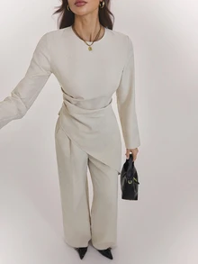 SHEIN Tall Women's Tall Solid-Color Asymmetrical Pleated Shirt And Trousers Set – Two Pieces Outfit - Apricot - View 7