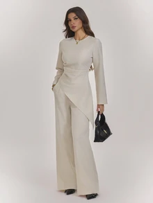 SHEIN Tall Women's Tall Solid-Color Asymmetrical Pleated Shirt And Trousers Set – Two Pieces Outfit - Apricot - View 6