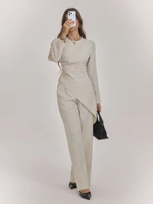SHEIN Tall Women's Tall Solid-Color Asymmetrical Pleated Shirt And Trousers Set – Two Pieces Outfit - Apricot - View 9