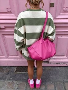 INAWLY 女款秋冬基礎條紋拼色拼接圓領長袖上衣，適合返校、旅行與休閒場合 - 彩色 - 查看 2