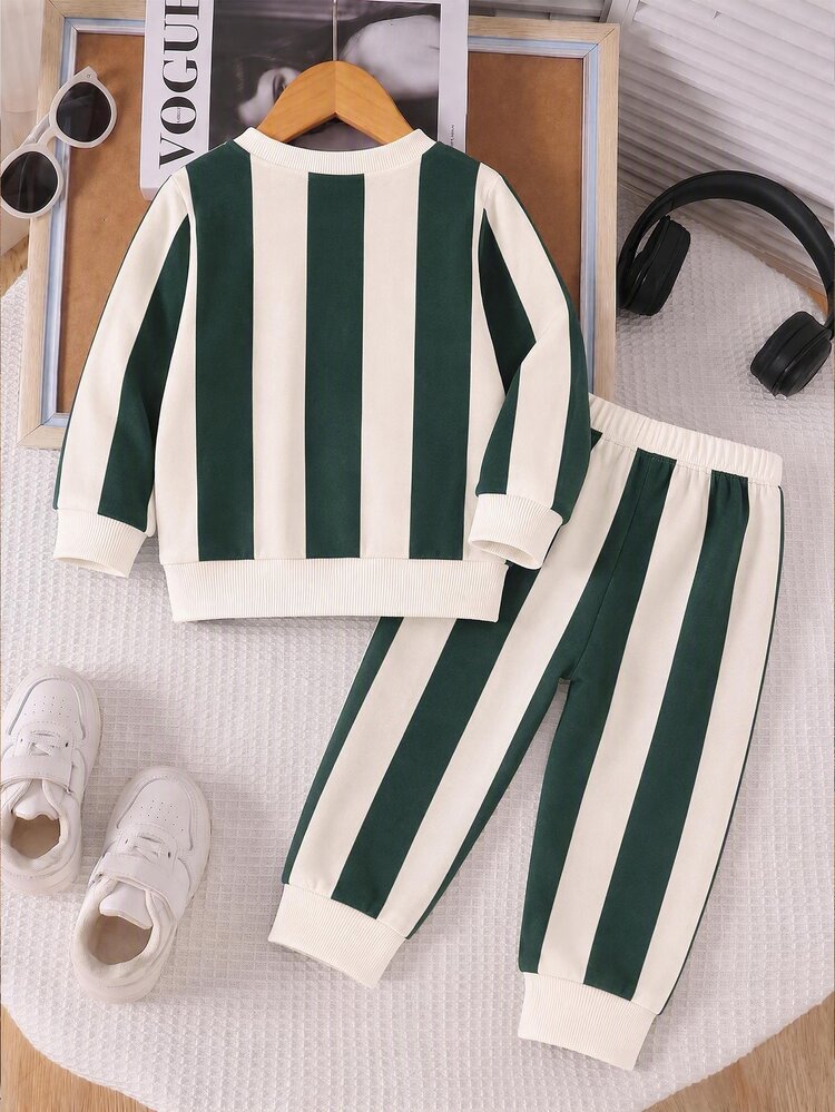 Boys Sweatshirt Set, Casual Letter Pattern Digital Print, Long Sleeve Top, Outfit, Fall, White Striped Crew Neck Sweatpants Set - Multicolor - View 4