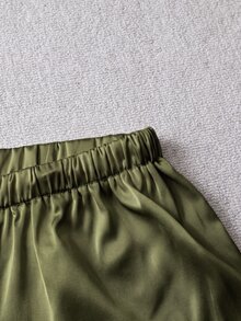 Rusticease 女款秋季服飾 優雅端莊休閒緞面抽繩腰長褲 適合商務居家早午餐辦公室 橄欖綠 新年聖誕 - 軍綠色 - 查看 6