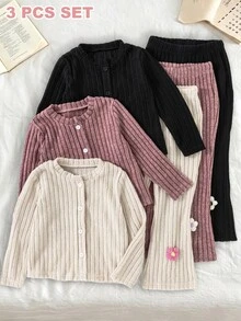 SHEIN 女童羅紋針織鈕扣開襟上衣與花卉喇叭褲套裝，秋冬女童套裝 - 彩色 - 查看 3