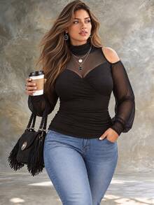 Ceyna Plus Size Women's Ruched High Neck Mesh Patchwork Cold Shoulder Long Sleeve Top, Sexy Sheer Patchwork Bustier Pleated Waist-Cinching Slimming Elastic Base Layer - Black - View 5