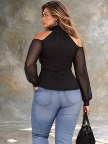 Ceyna Plus Size Women's Ruched High Neck Mesh Patchwork Cold Shoulder Long Sleeve Top, Sexy Sheer Patchwork Bustier Pleated Waist-Cinching Slimming Elastic Base Layer - Black - View 2