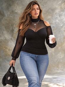 Ceyna Plus Size Women's Ruched High Neck Mesh Patchwork Cold Shoulder Long Sleeve Top, Sexy Sheer Patchwork Bustier Pleated Waist-Cinching Slimming Elastic Base Layer - Black - View 3