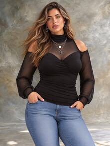 Ceyna Plus Size Women's Ruched High Neck Mesh Patchwork Cold Shoulder Long Sleeve Top, Sexy Sheer Patchwork Bustier Pleated Waist-Cinching Slimming Elastic Base Layer - Black - View 1