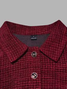 Balvessa Elegant Burgundy Tweed Bow Long Sleeve Jacket And Shorts Set - Burgundy - View 3