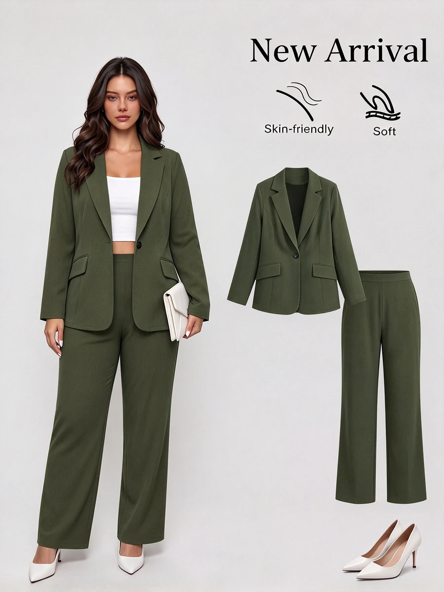 SHEIN LUNE CURVE Plus Size Solid Color Formal Suit Jacket Pants Set Office Olive Green Fall Casual Smart - Army Green - View 1