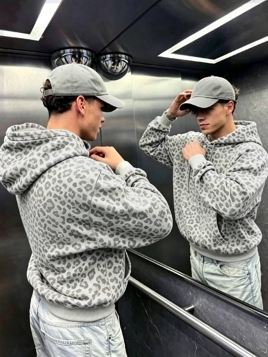 ZURIURI Autumn/Winter Outdoor Top, Men's Hooded Sweatshirt, Minimalist Leopard Print Pattern, Graphic Design, Daily Wear, Outdoor, Commute - Multicolor - View 1