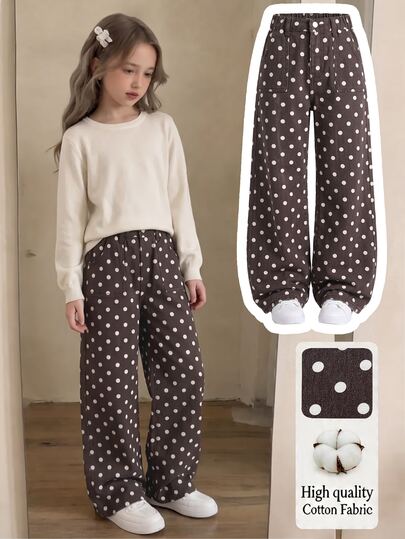 Girls' Coffee Brown Polka Dot Wide Leg Pants, Loose Straight Leg, Stylish Versatile Casual Vintage Cute 100 Cotton Denim Jeans, Snug Fit, For School