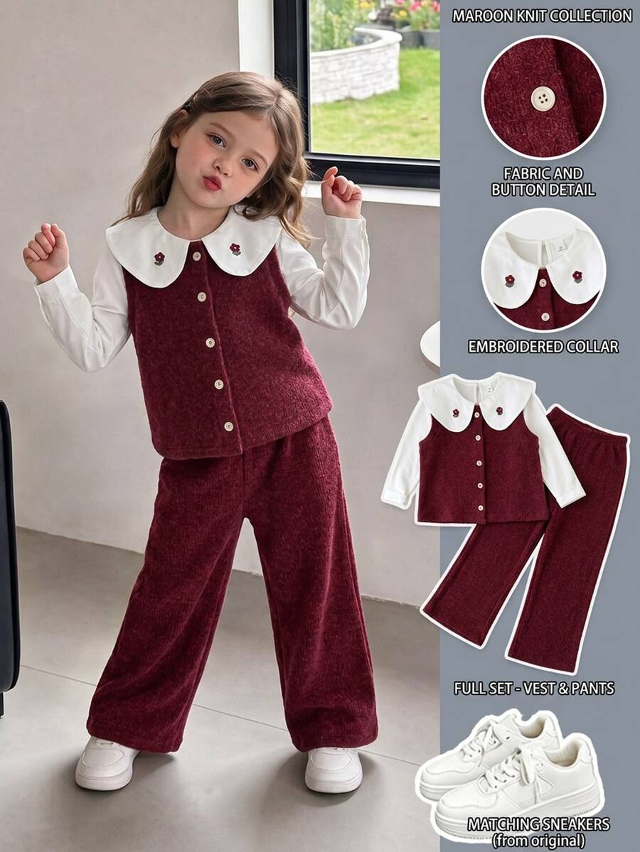 SHEIN 3pcs/Set Girls' Solid Color Ruffle Collar Top + Front Button Vest + Straight Leg Casual Pants, Suitable For Fall Campus Wear 7th Birthday White Brown - Red - View 1
