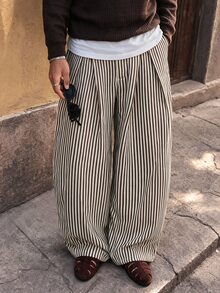 HIMLAND Men's Striped Pleated Design Tapered Long Pants Halloween Christmas Winter Party Autumn - Brown - View 1