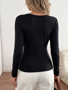 Elyressa Women's 2026 New Twist Knot Design Lace Patchwork Long Sleeve Base Layer T-Shirt - Black - View 2
