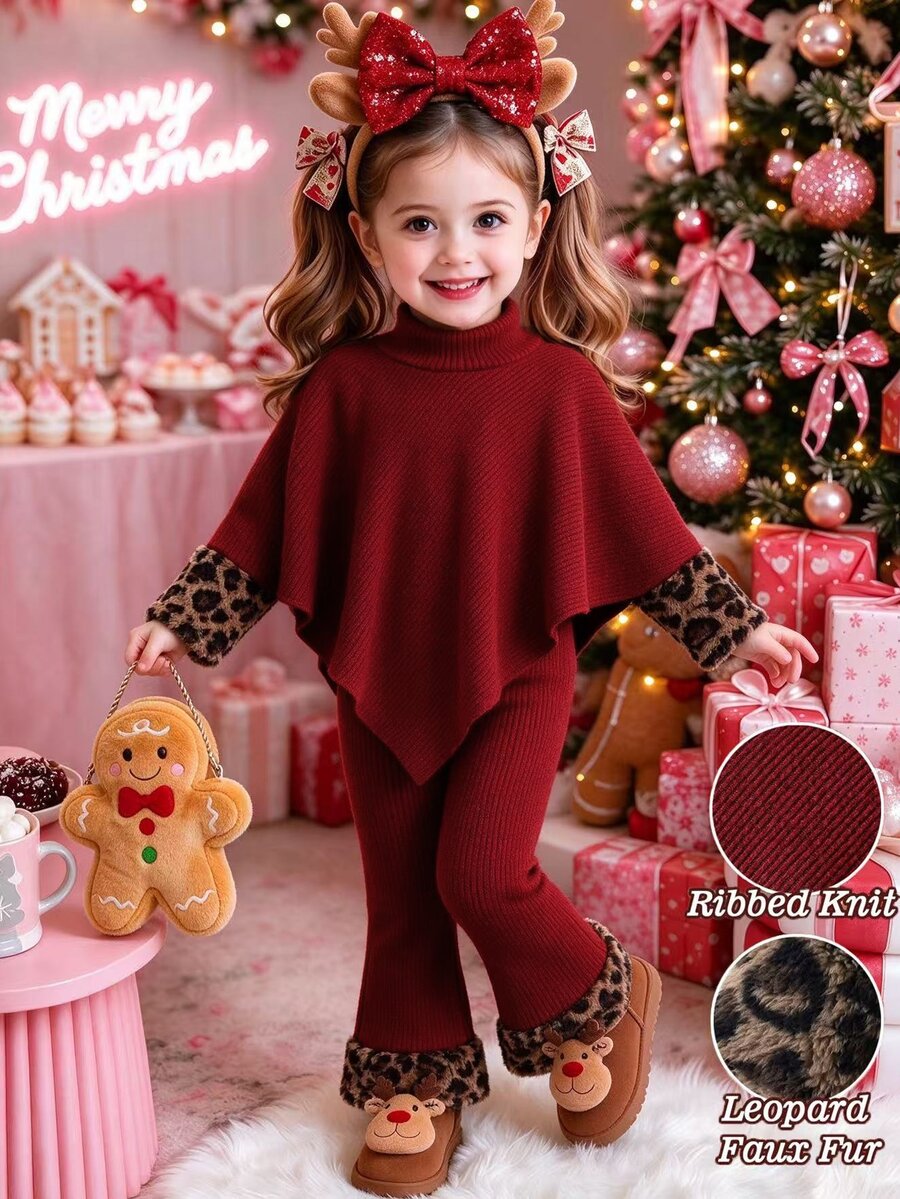 SHEIN Bộ đồ 2 món cho bé gái màu đỏ rượu vang, áo poncho cổ cao bất đối xứng với cổ tay lông xù họa tiết da báo, quần ống loe gân phối hợp, set lễ hội Giáng Sinh