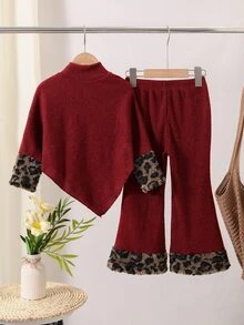 SHEIN 女童 2 件套套裝 酒紅色高領不對稱披肩上衣 豹紋毛絨袖口 搭配喇叭褲 羅紋聖誕節度假套裝 - 酒紅色 - 查看 3