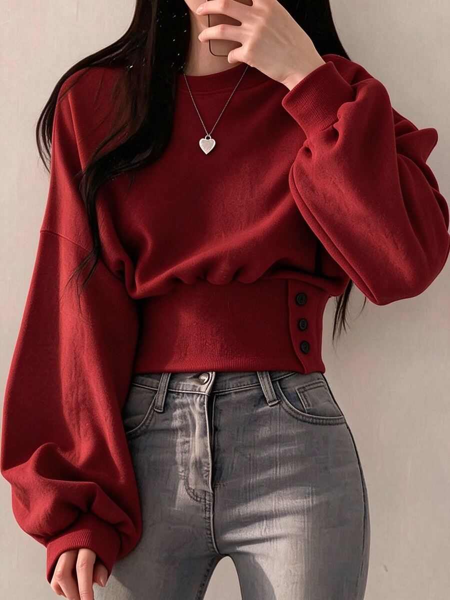 INAWLY Women's Solid Color Round Neck Dropped Shoulder Long Sleeve Cinched Waist Casual Sweatshirt - Burgundy - View 1