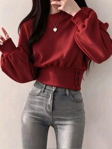 INAWLY Women's Solid Color Round Neck Dropped Shoulder Long Sleeve Cinched Waist Casual Sweatshirt - Burgundy - View 4