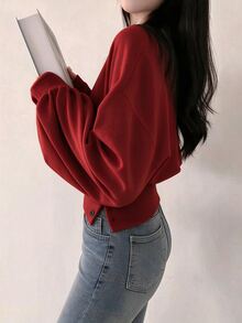 INAWLY Women's Solid Color Round Neck Dropped Shoulder Long Sleeve Cinched Waist Casual Sweatshirt - Burgundy - View 2