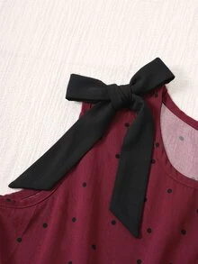 SHEIN 青少年女孩黑色波點無袖洋裝 秋季風格 美式秋季穿搭 - 酒紅色 - 查看 4