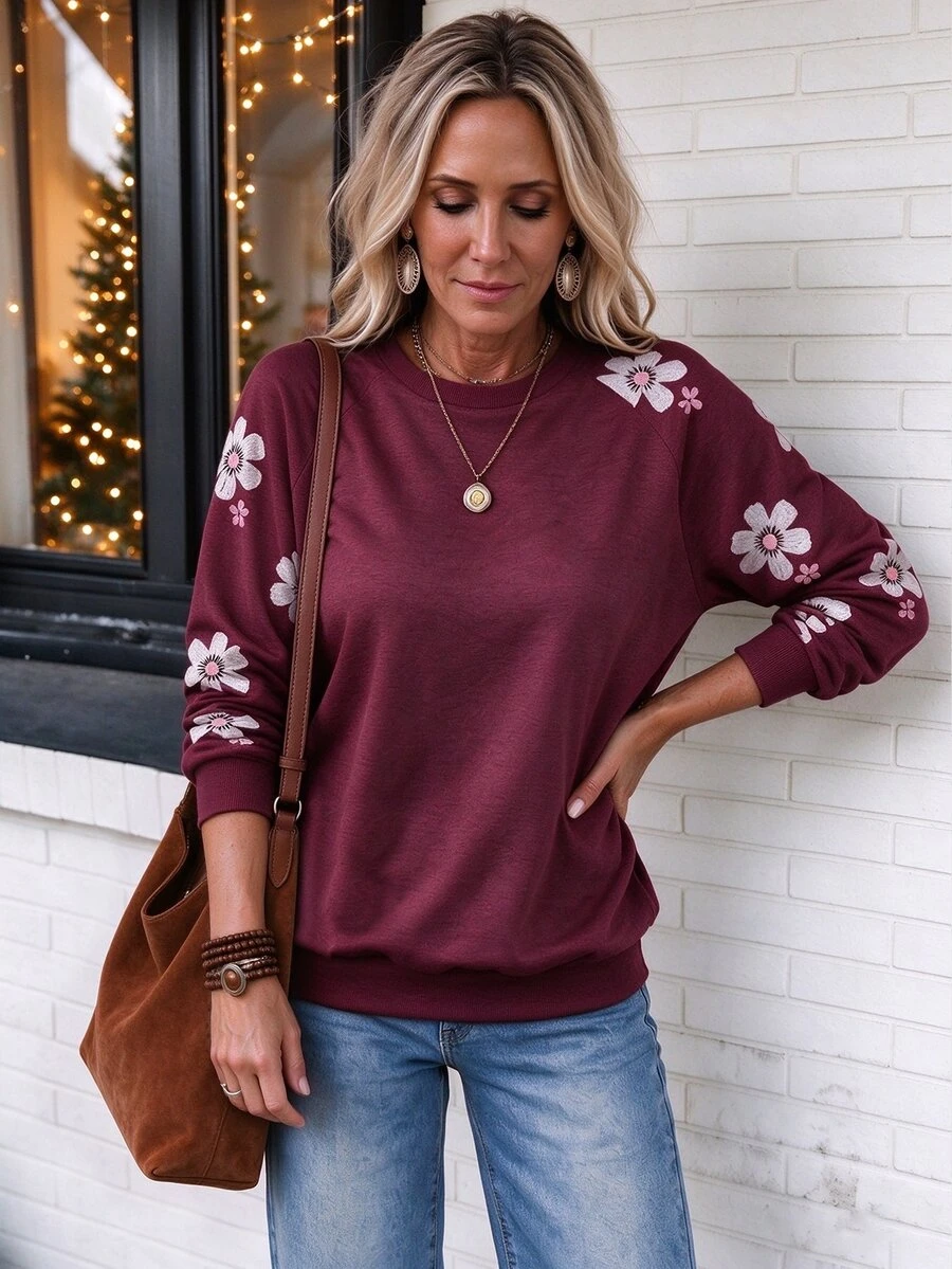 LanaWest Women's Floral Print Long Sleeve Sweatshirt, Fashionable Vacation Style - Burgundy - View 1