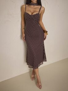 SHEIN PETITE Brown Polka-Dot Midi Mermaid Dress With Ribbon Detail And Ruched Bust (Petite) - Brown - View 6