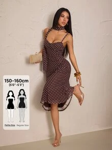 SHEIN PETITE Brown Polka-Dot Midi Mermaid Dress With Ribbon Detail And Ruched Bust (Petite) - Brown - View 4