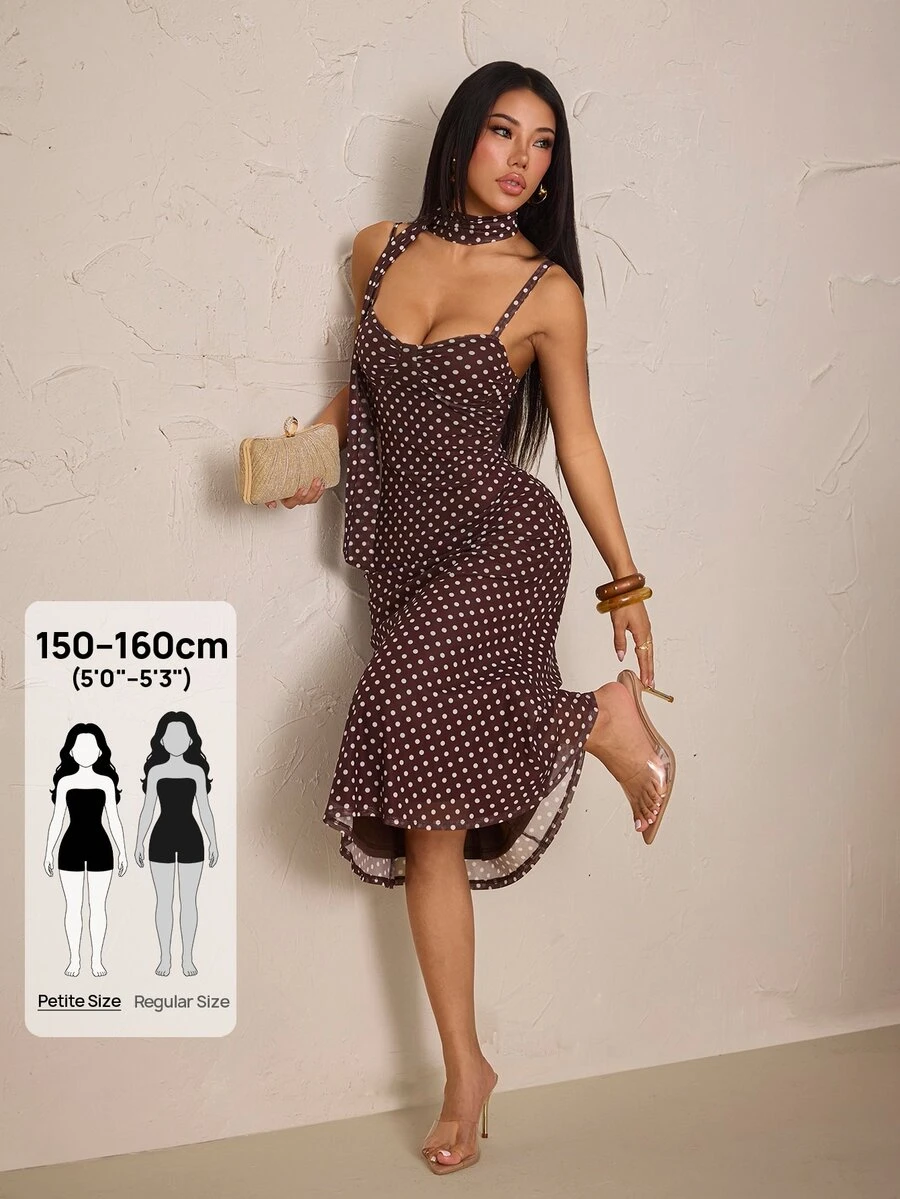 SHEIN PETITE Brown Polka-Dot Midi Mermaid Dress With Ribbon Detail And Ruched Bust (Petite) - Brown - View 1