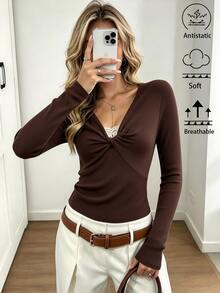Elyressa Women's Autumn New Basic Layering Lace Patchwork Twist Long Sleeve T-Shirt - Coffee Brown - View 4