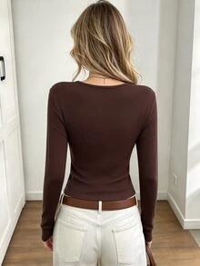 Elyressa Women's Autumn New Basic Layering Lace Patchwork Twist Long Sleeve T-Shirt - Coffee Brown - View 2