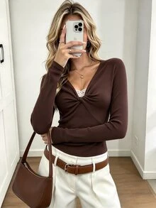 Elyressa Women's Autumn New Basic Layering Lace Patchwork Twist Long Sleeve T-Shirt - Coffee Brown - View 5