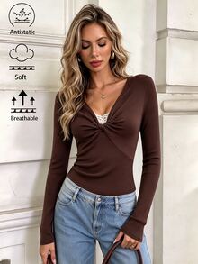 Elyressa Women's Autumn New Basic Layering Lace Patchwork Twist Long Sleeve T-Shirt - Coffee Brown - View 7