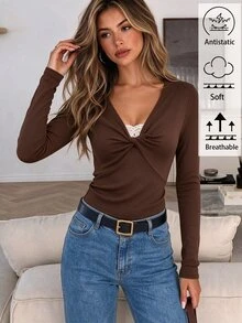 Elyressa Women's Autumn New Basic Layering Lace Patchwork Twist Long Sleeve T-Shirt - Coffee Brown - View 3