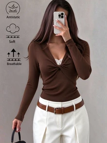 Elyressa Women's Autumn New Basic Layering Lace Patchwork Twist Long Sleeve T-Shirt - Coffee Brown - View 1