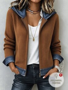 Holdful Holdful Women's Denim Effect Print Patchwork Ribbed Long Sleeve Hooded Zip-Up Jacket, Elegant Casual Daily Wear For Autumn, Winter, Spring - Multicolor - View 1