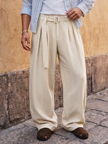 HIMLAND Men Pleated Wide Leg Pants, High Waist Belted Trousers, Loose Straight Leg Casual Streetwear, Minimalist Korean Style, Soft Woven Fabric, Fall New - Khaki - View 4