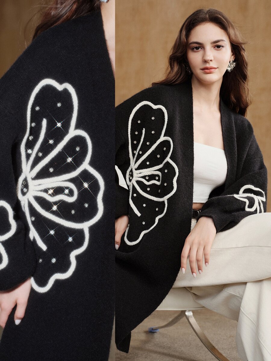 Anewsta Autumn/Winter Elegant Solid Color Knitted 3D Cable Flower Rhinestone Embellished Long Cardigan, Casual, Formal, Party - Black - View 1