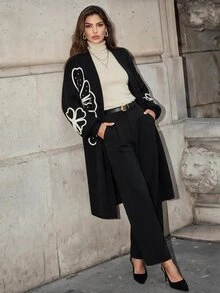 Anewsta Autumn/Winter Elegant Solid Color Knitted 3D Cable Flower Rhinestone Embellished Long Cardigan, Casual, Formal, Party - Black - View 4