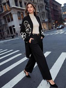 Anewsta Autumn/Winter Elegant Solid Color Knitted 3D Cable Flower Rhinestone Embellished Long Cardigan, Casual, Formal, Party - Black - View 5